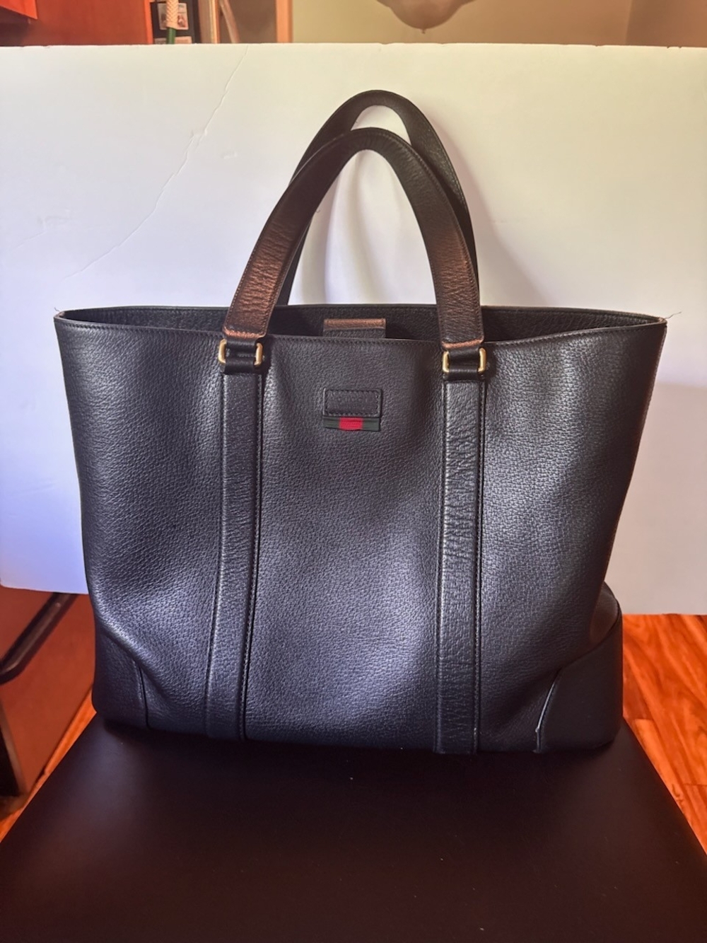 GUCCI Pebbled Calfskin Web Tote Black Purse Handbag 495529